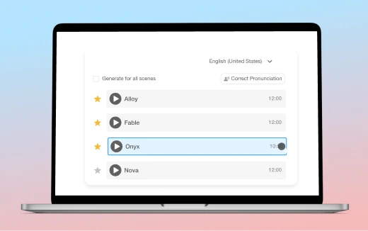 AI Voiceover feature for adding realistic voiceovers to video content with adjustable settings.